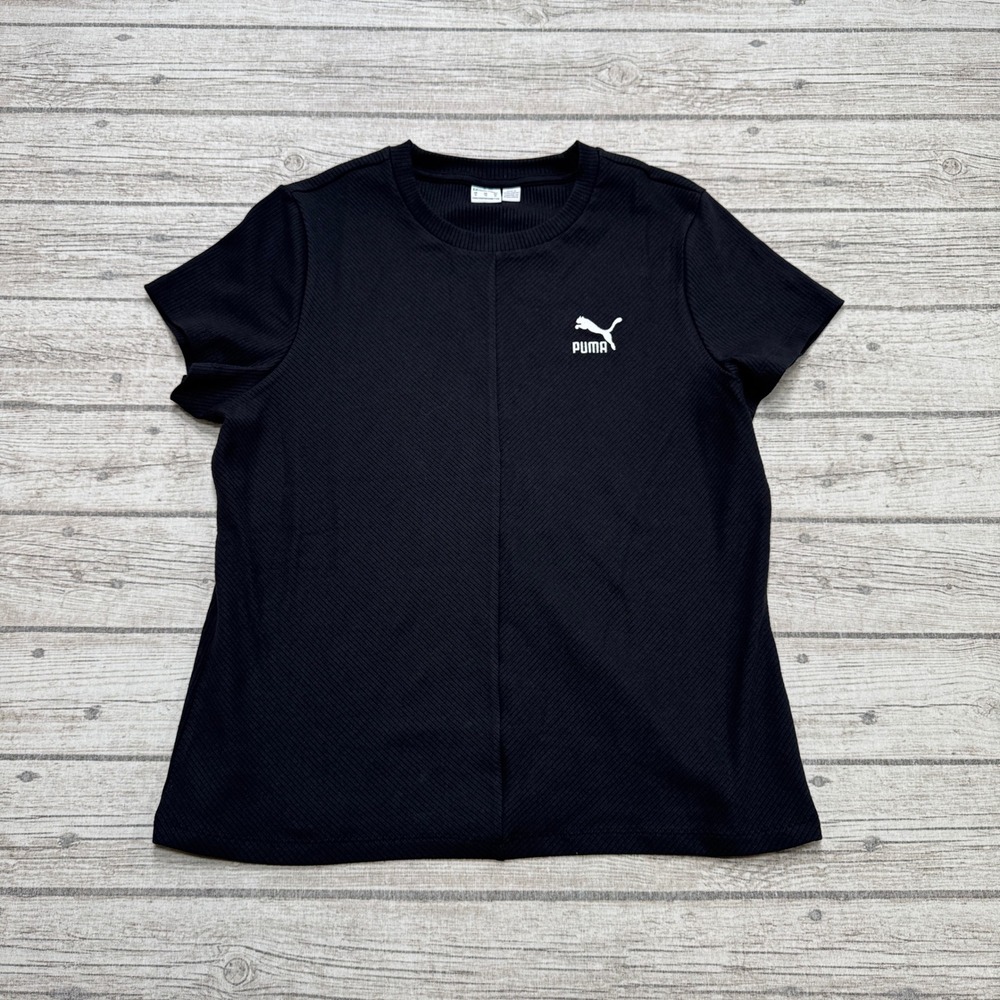 Puma T-Shirt Women's XL Black Short Sleeve Ribbed Slim Fit Athletic Sportswear